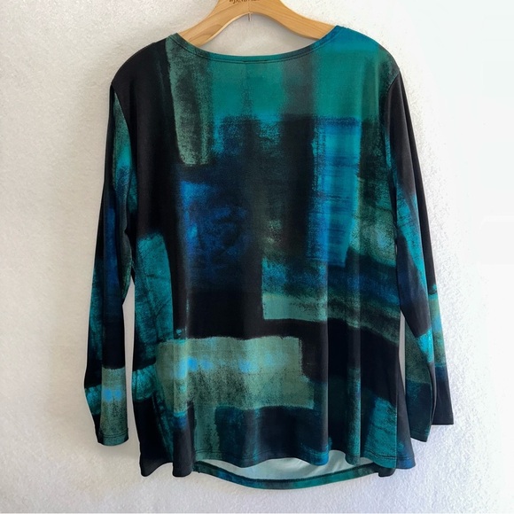 Clara Sun Woo Plus Size Turquoise Green Black Abstract Butter Knit Top USA Sz 1X - Picture 2 of 4